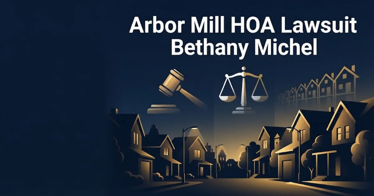 Arbor Mill HOA Lawsuit Bethany Michel hero banner with suburban silhouette and legal icons on navy background