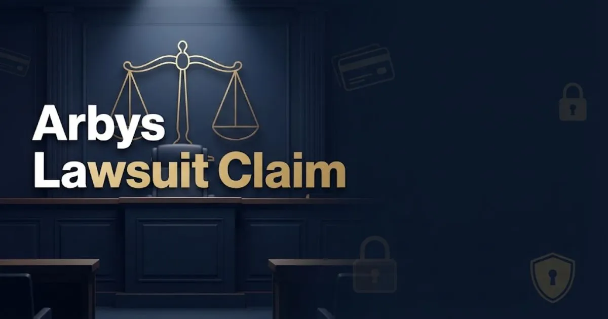 Arbys lawsuit claim hero banner with legal scales icon and navy gold color scheme for 2026 settlement guide