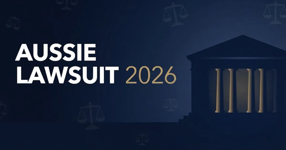 Aussie lawsuit 2026 hero banner with Federal Court silhouette and gold typography on navy background