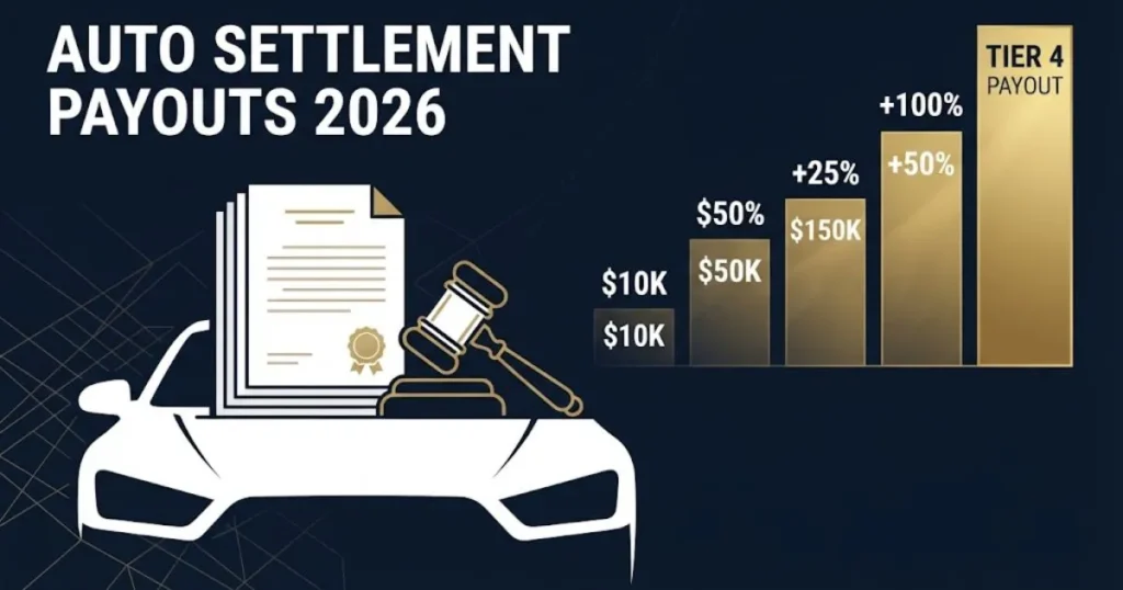 Auto settlement payouts 2026 supporting graphic with legal documents and car silhouette on navy background