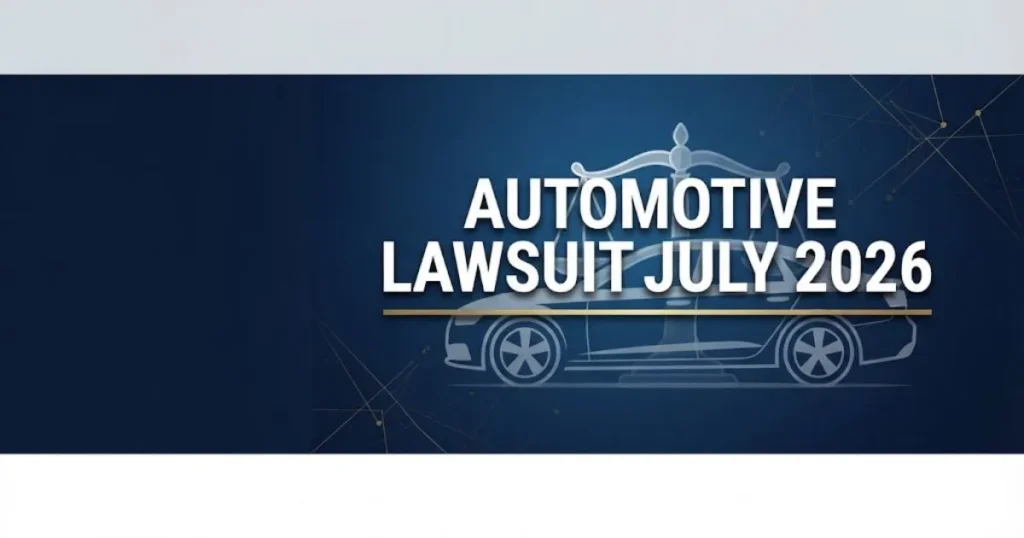 Automotive lawsuit July 2026 hero banner with legal scales and car silhouette on navy background