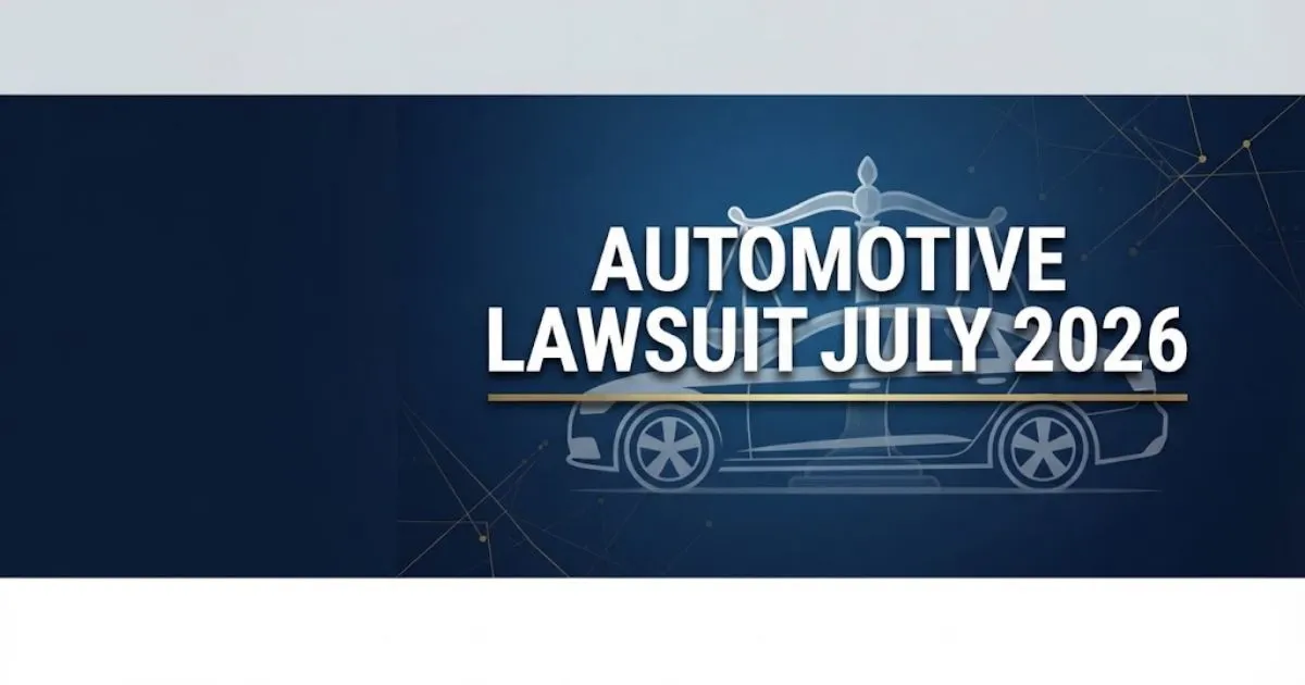 Automotive lawsuit July 2026 hero banner with legal scales and car silhouette on navy background