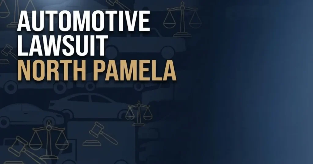 Automotive lawsuit North Pamela hero banner with legal scales and vehicle silhouettes on navy background