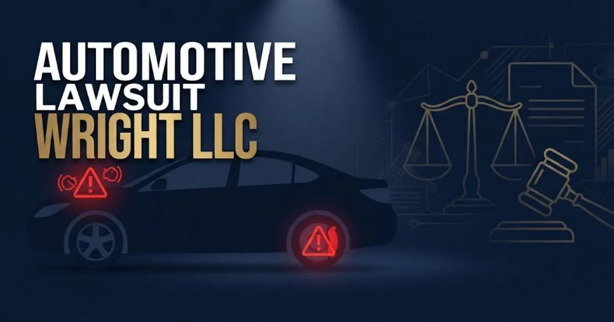Automotive lawsuit Wright LLC hero banner with defective vehicle silhouette and legal symbols on navy background