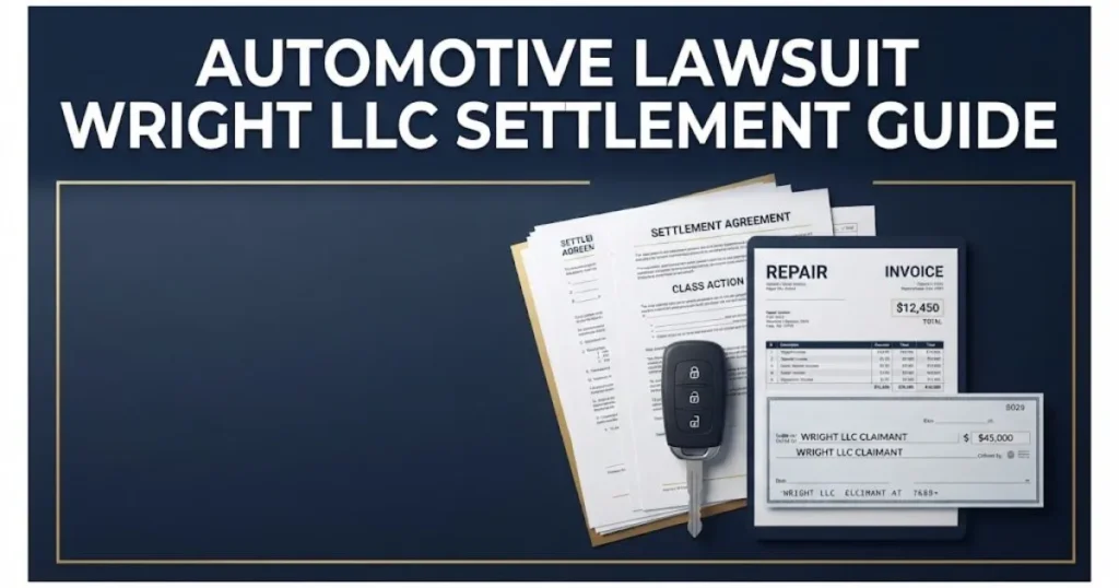Automotive lawsuit Wright LLC settlement guide graphic with legal documents and car key on navy desk