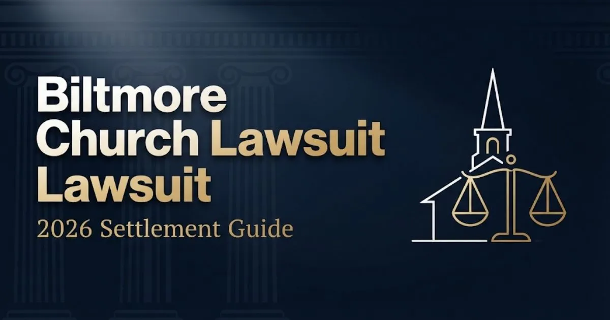 Biltmore church lawsuit 2026 hero banner with scales of justice and church steeple silhouette on navy background