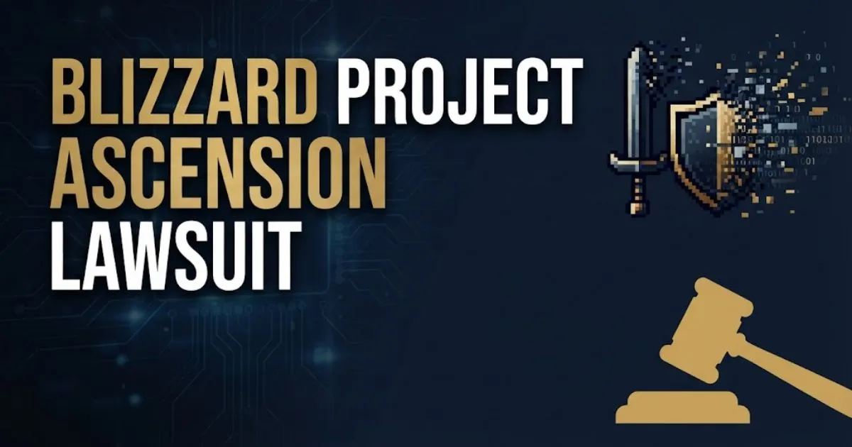 Blizzard Project Ascension Lawsuit hero banner with gavel and digital gaming icons on navy background