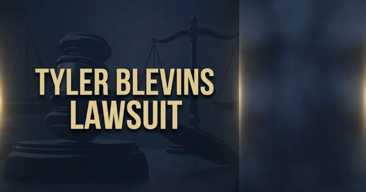 Bold gold text reading tyler blevins lawsuit on a dark navy legal background with court scales.