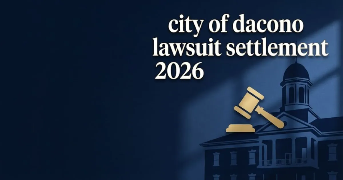 Bold graphic showing the city of dacono lawsuit settlement 2026 headline on a professional navy and gold legal background.