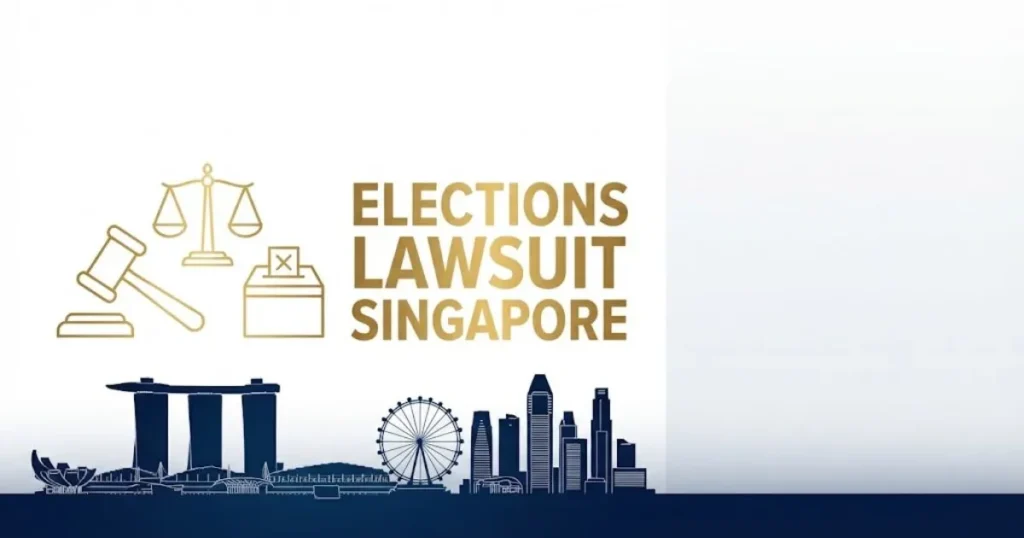 Bold headline reading elections lawsuit Singapore over navy blue skyline silhouette with gold legal icons and ballot box graphics
