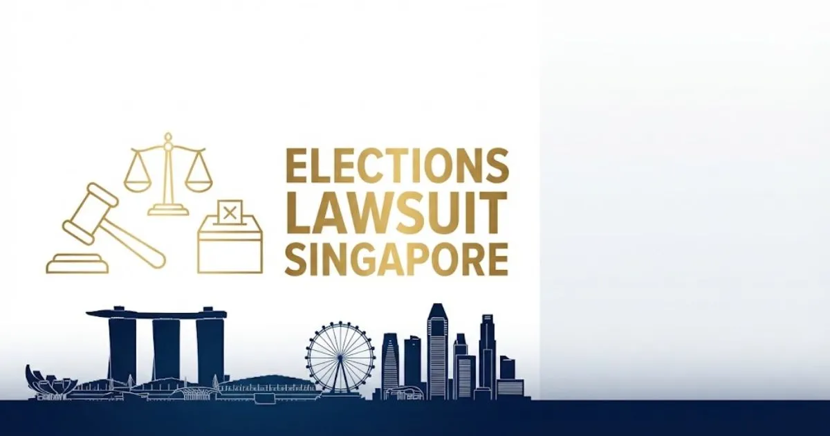 Bold headline reading elections lawsuit Singapore over navy blue skyline silhouette with gold legal icons and ballot box graphics