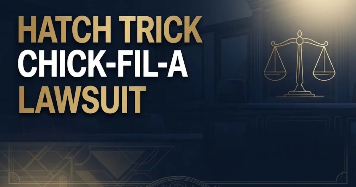 Bold headline reading hatch trick chick-fil-a lawsuit over dark navy courtroom background with gold scales of justice