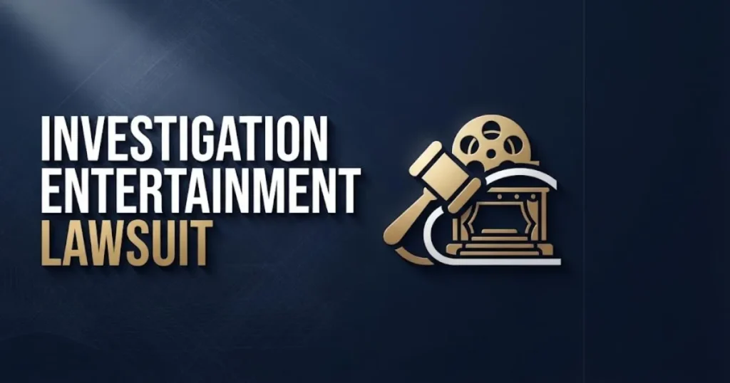 Bold headline reading investigation entertainment lawsuit over navy and gold legal themed editorial banner with gavel and film reel icons