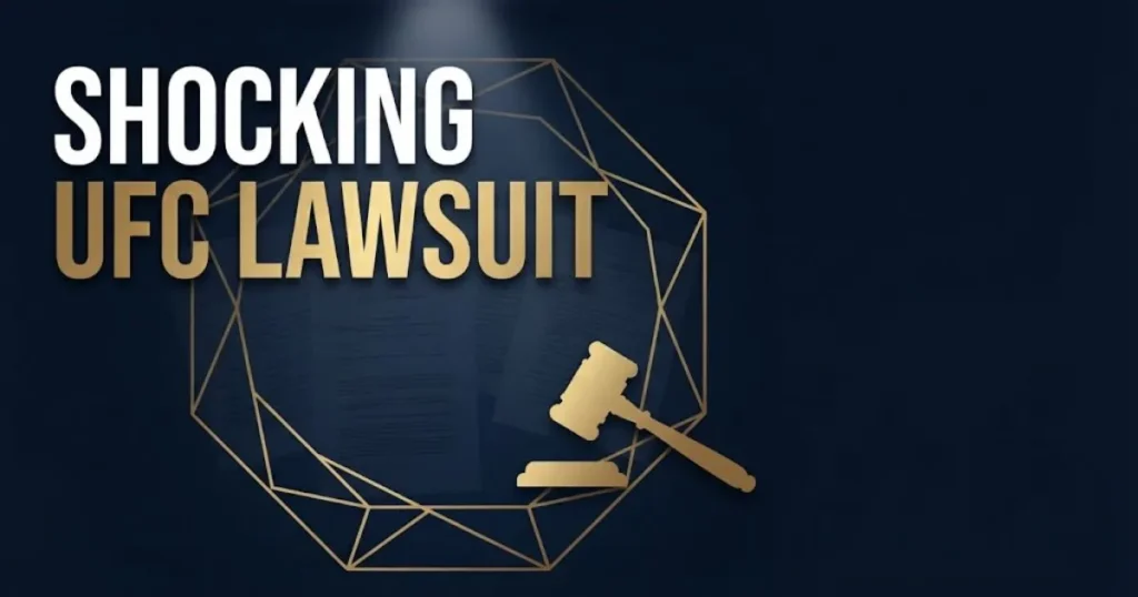 Bold headline reading shocking ufc lawsuit over a dark navy octagon and gavel silhouette banner