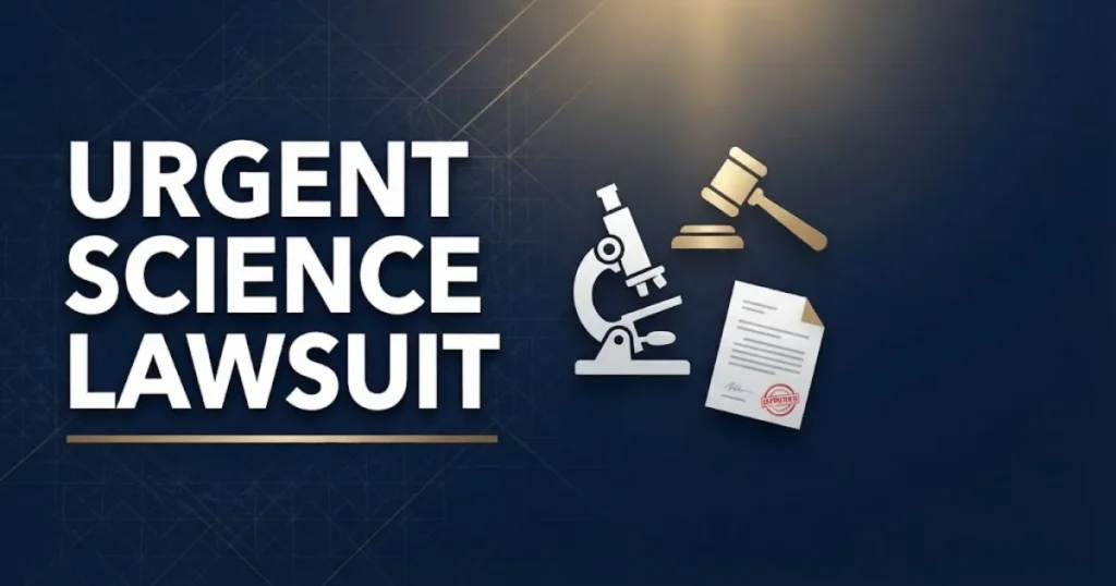 Bold headline reading urgent science lawsuit on navy blue background with gavel and microscope icons in gold