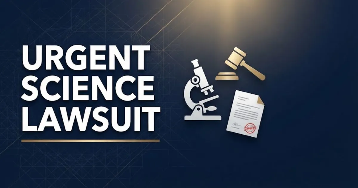 Bold headline reading urgent science lawsuit on navy blue background with gavel and microscope icons in gold