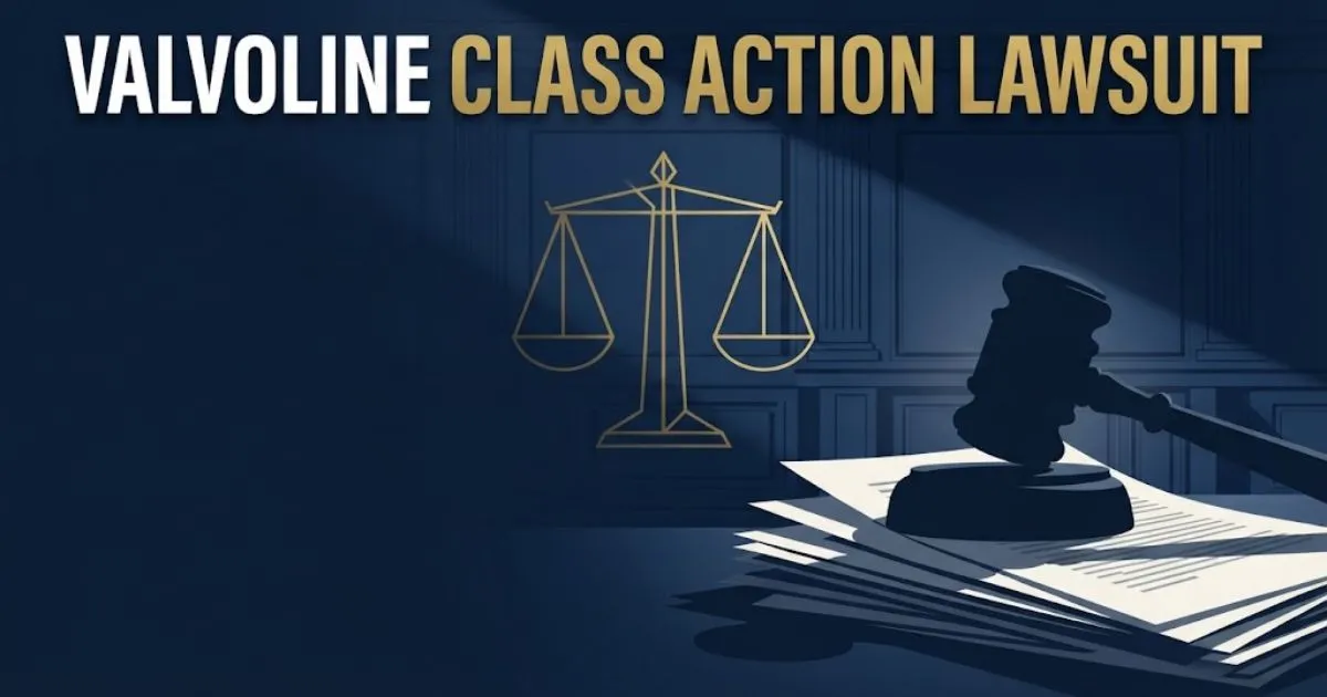 Bold headline reading valvoline class action lawsuit over dark navy courtroom background with gold scales of justice and gavel silhouette