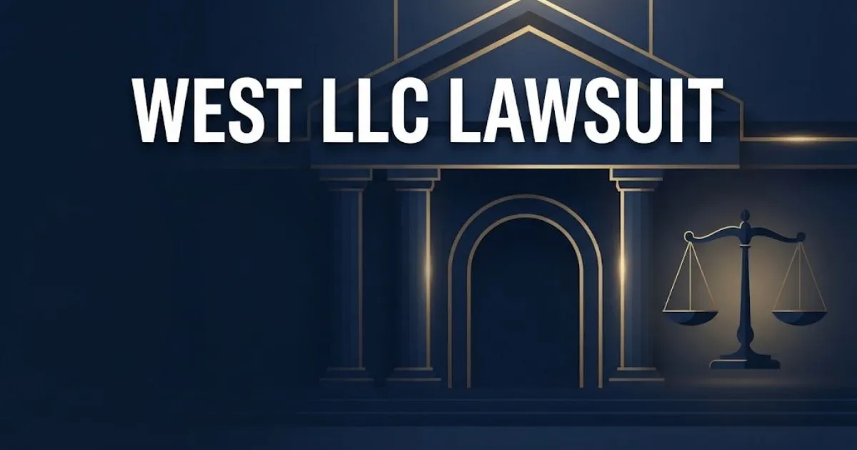 Bold headline reading west llc lawsuit over navy courthouse silhouette with gold scales of justice