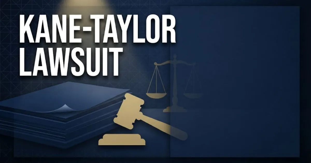 Bold kane-taylor lawsuit headline over navy legal background with gavel and gold scales of justice