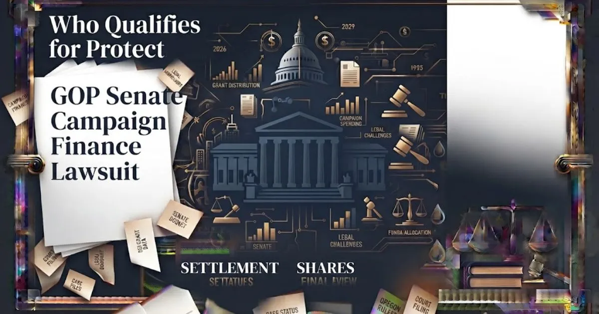 Bold text reading GOP Senate Campaign Finance Lawsuit over a stylized Supreme Court building silhouette in navy and gold legal design.