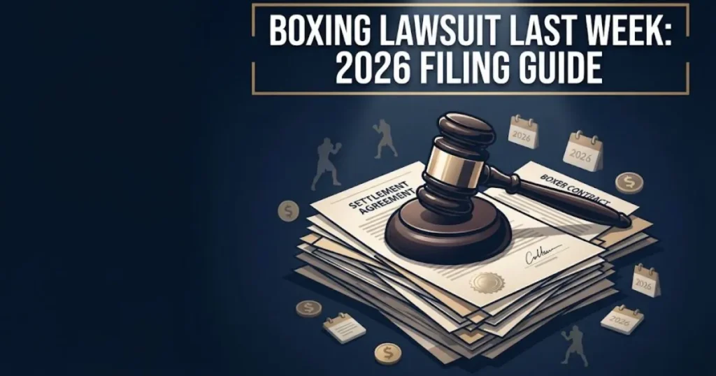 Boxing lawsuit last week 2026 filing guide graphic with gavel and legal documents on navy background
