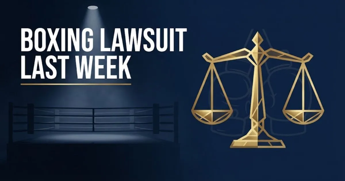 Boxing lawsuit last week hero banner with boxing ring silhouette and scales of justice on navy background