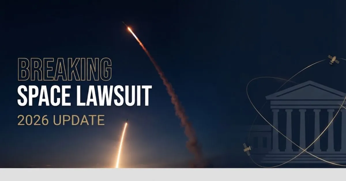 Breaking space lawsuit hero banner with rocket launch silhouette and navy blue legal theme for 2026