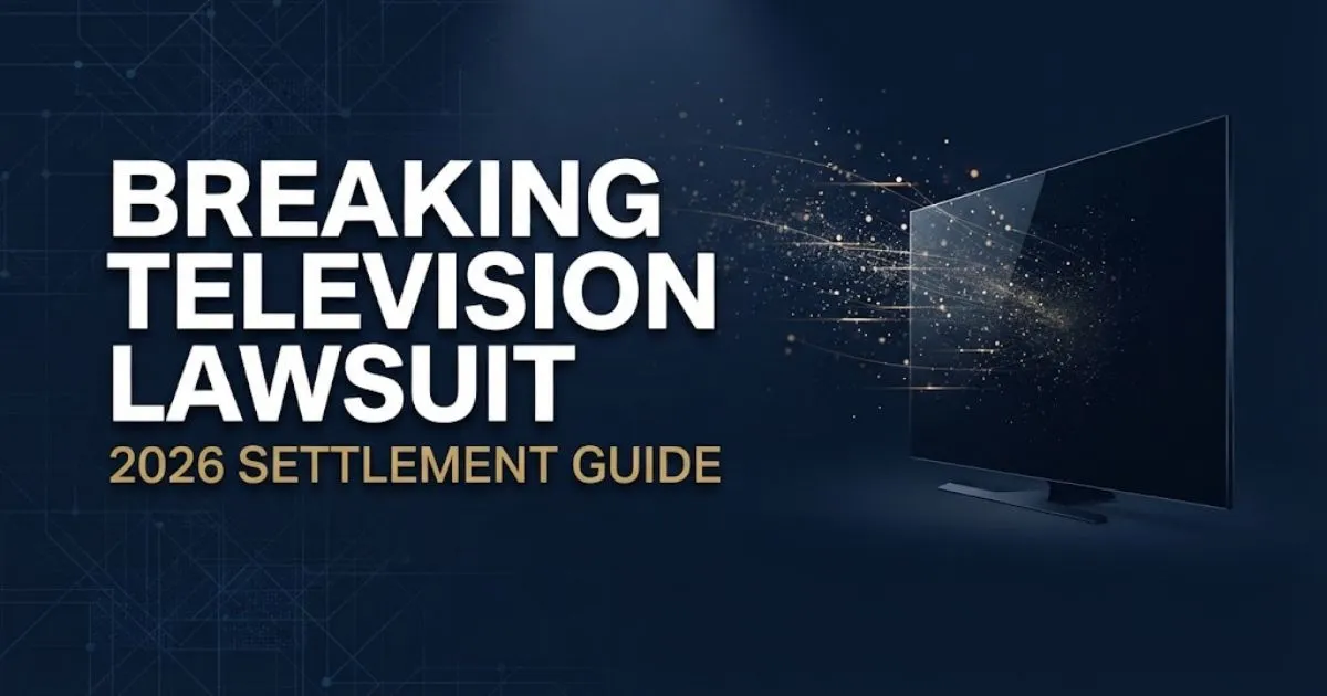 Breaking television lawsuit 2026 hero banner with smart TV data privacy theme and settlement guide headline