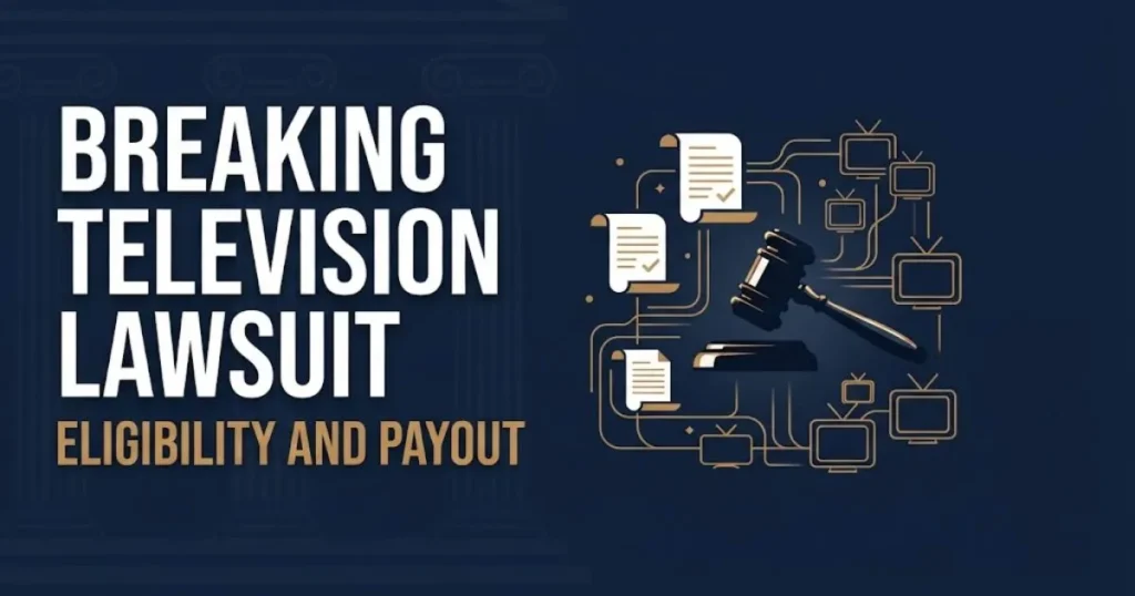 Breaking television lawsuit eligibility and payout graphic with legal documents and smart TV icons on navy background