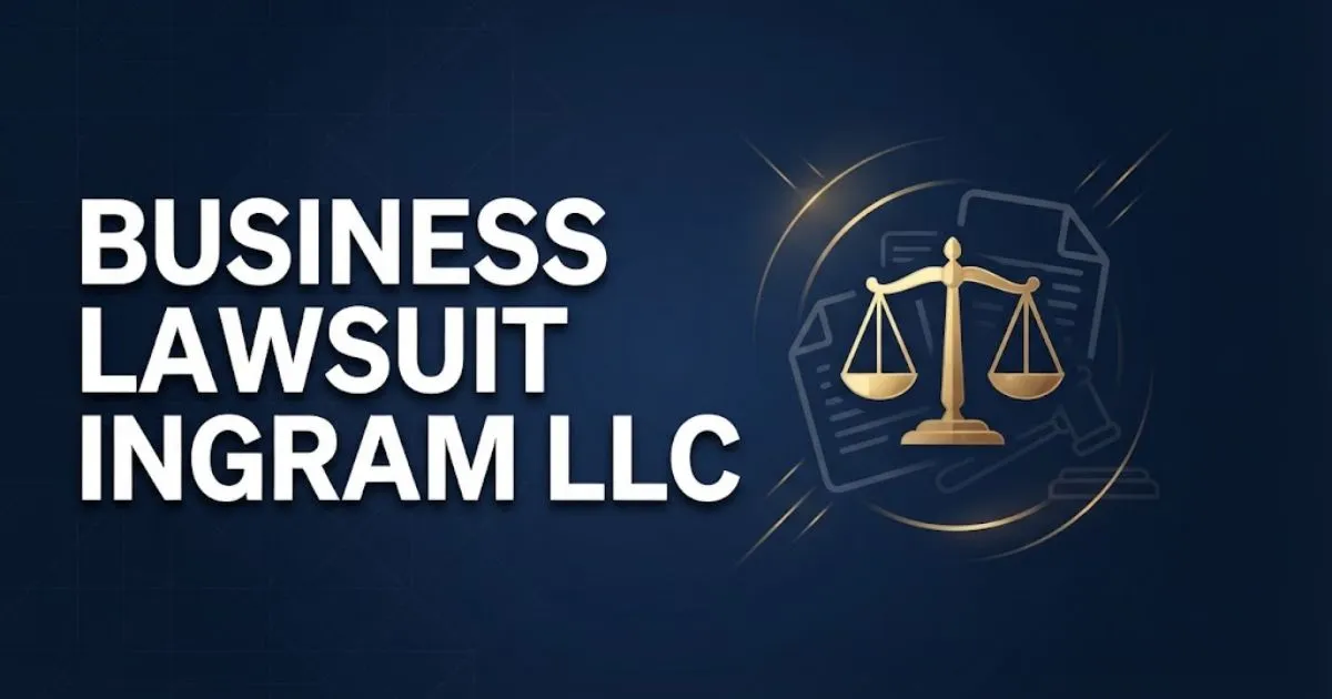 Business lawsuit Ingram LLC hero banner with gold scales of justice icon on navy background