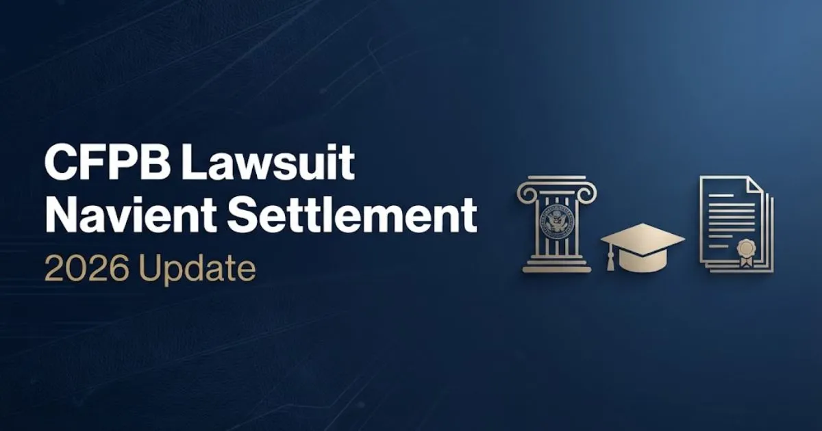 CFPB lawsuit Navient settlement 2026 hero banner with legal icons and navy blue background