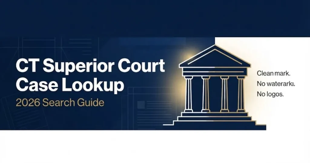 CT Superior Court case lookup 2026 guide banner with courthouse silhouette on navy background