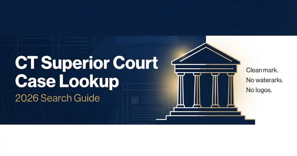 CT Superior Court case lookup 2026 guide banner with courthouse silhouette on navy background