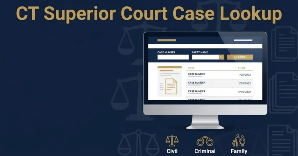 CT Superior Court case lookup search interface graphic with docket icons on navy background