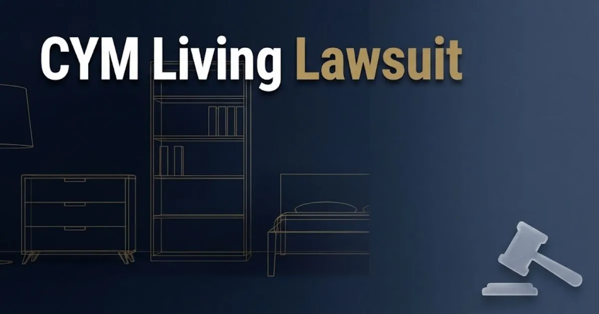 CYM Living Lawsuit hero banner with navy blue background, gold furniture silhouettes, and bold white headline text