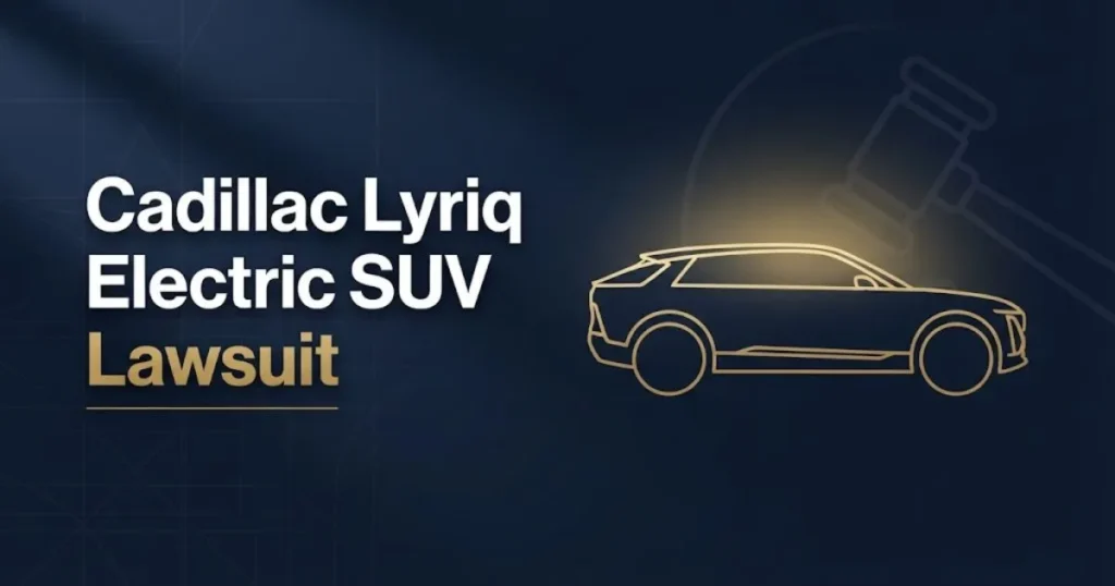 Cadillac Lyriq electric SUV lawsuit hero banner with gold legal symbols on navy background