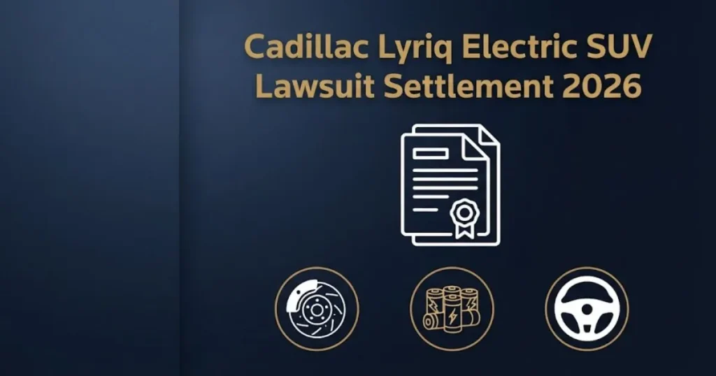 Cadillac Lyriq electric SUV lawsuit settlement graphic with defect icons on navy background