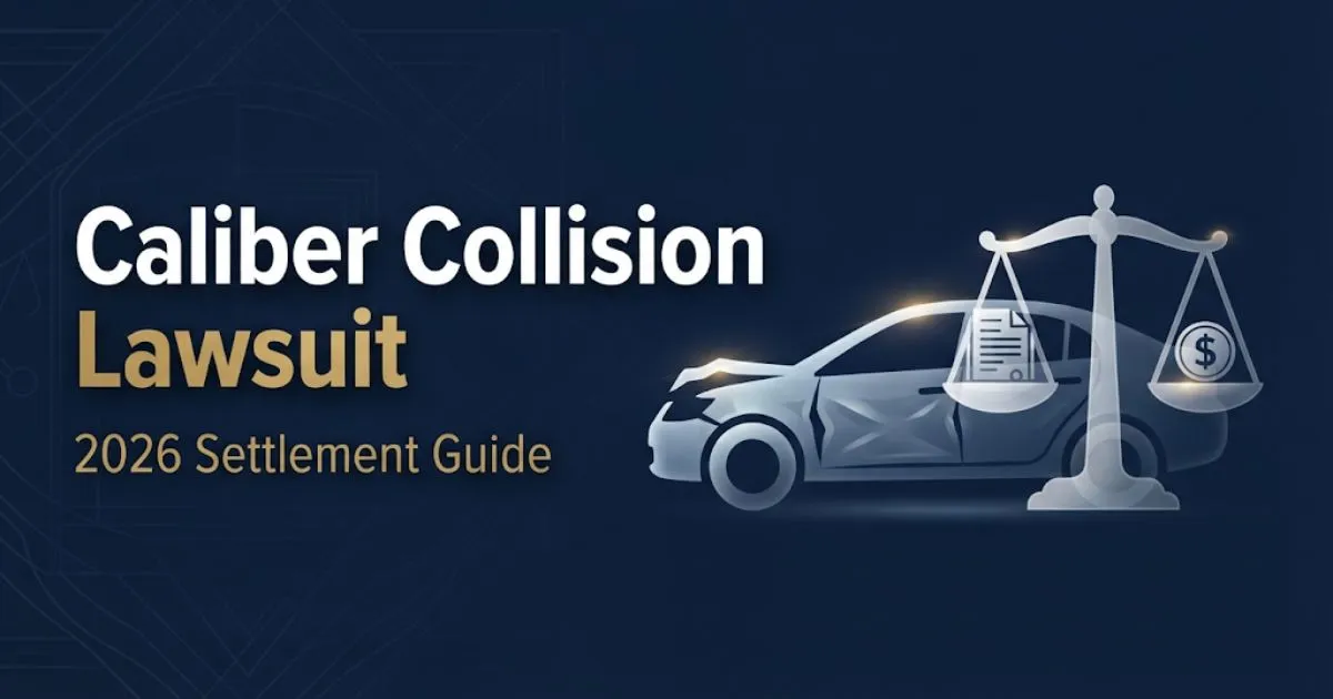 Caliber collision lawsuit hero banner with legal scales and vehicle silhouette on navy background