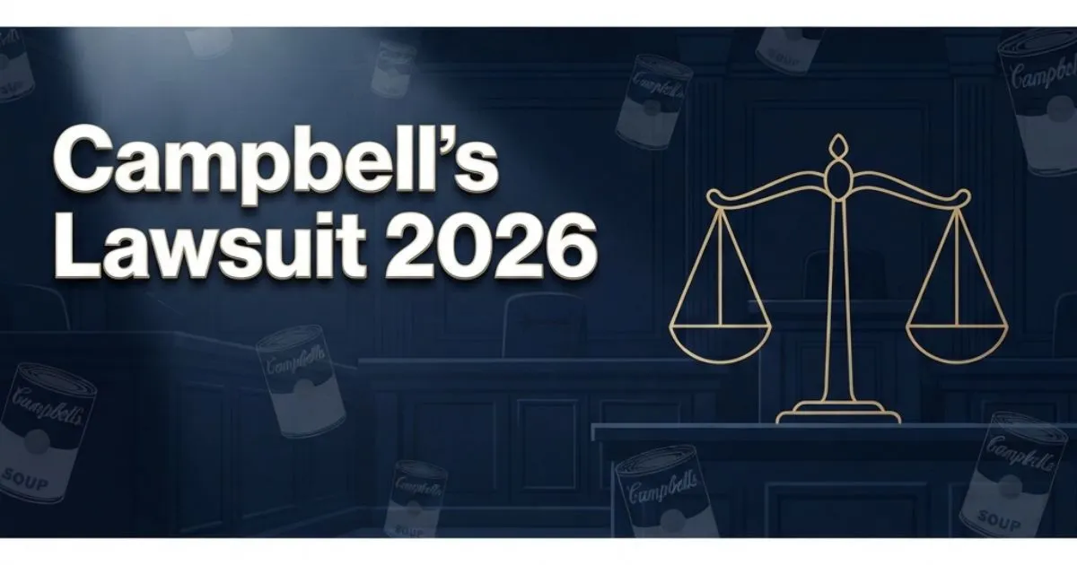 Campbell's lawsuit 2026 hero banner with legal scales and navy blue courtroom design