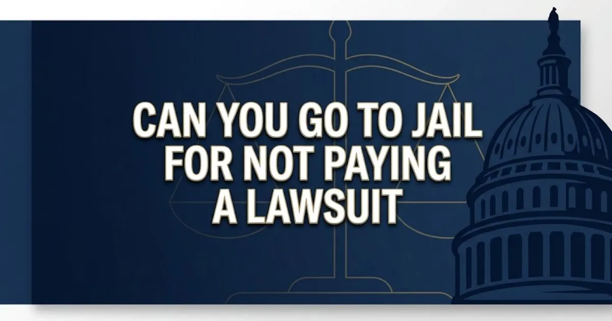 Can you go to jail for not paying a lawsuit hero banner with legal scales and courthouse silhouette on navy background