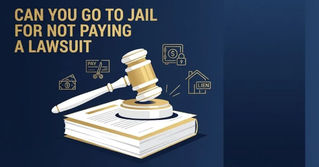 Can you go to jail for not paying a lawsuit infographic with gavel and legal documents on navy background