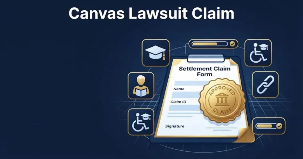 Canvas lawsuit claim illustration showing settlement document with student and accessibility icons