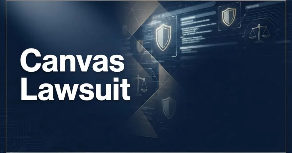 Canvas lawsuit hero banner with legal and digital privacy theme in navy and gold