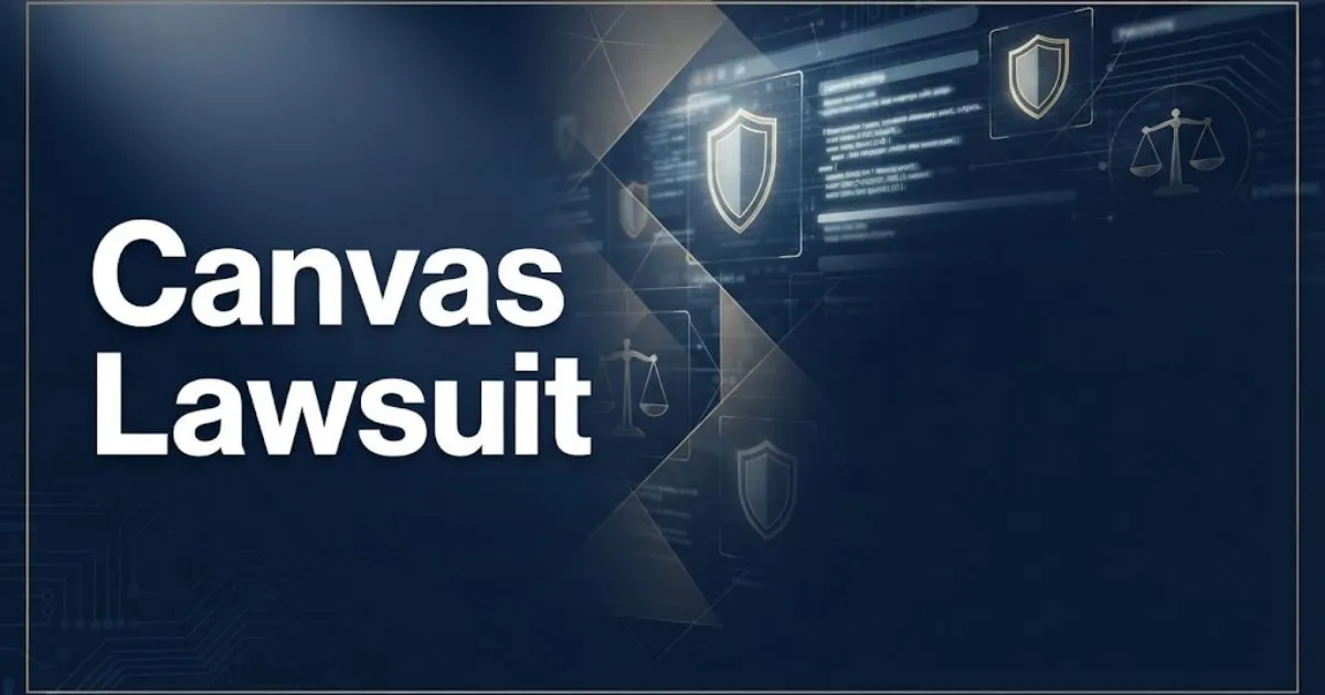 Canvas lawsuit hero banner with legal and digital privacy theme in navy and gold
