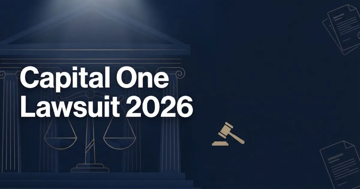 Capital One Lawsuit 2026 hero banner with navy courthouse background and gold legal icons