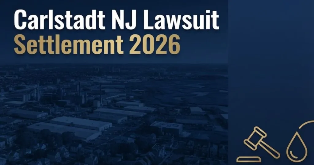Carlstadt NJ lawsuit settlement 2026 hero banner with legal and environmental imagery in navy and gold tones