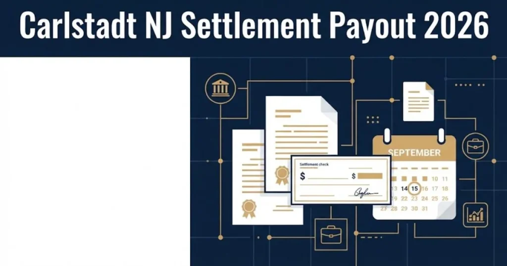 Carlstadt NJ lawsuit settlement 2026 payout timeline graphic with settlement documents and calendar icons