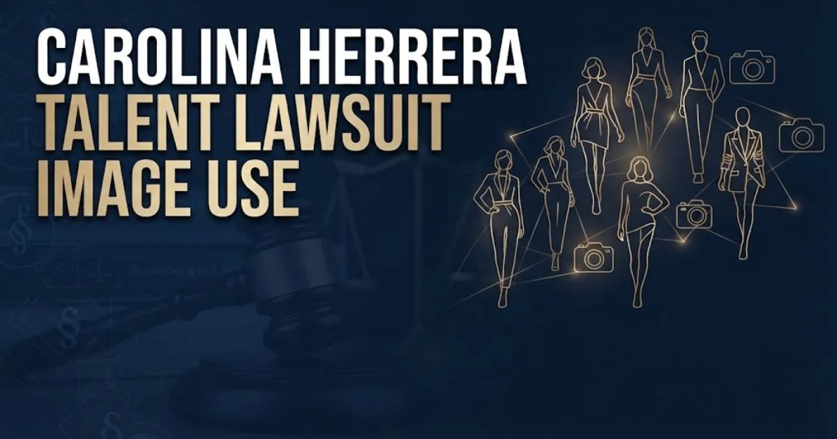 Carolina Herrera talent lawsuit image use hero banner with legal and fashion symbols on navy background