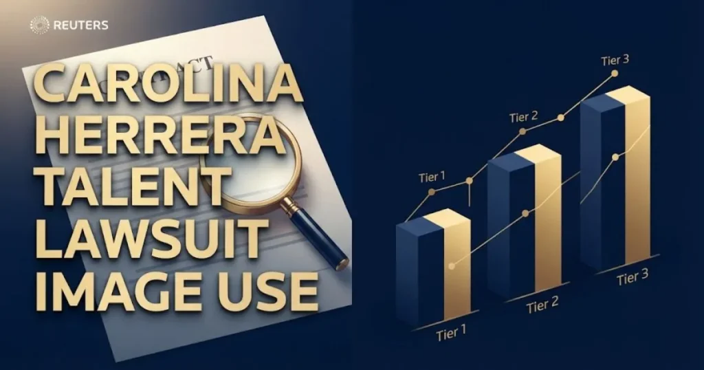 Carolina Herrera talent lawsuit image use settlement and eligibility graphic with document and chart visuals
