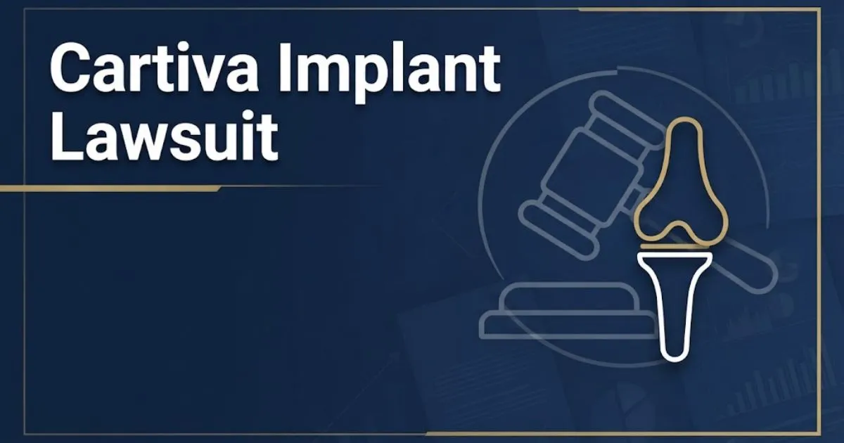 Cartiva implant lawsuit banner with legal and medical icons on navy blue background